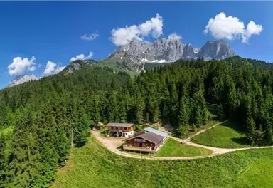 A picturesque mountain landscape with green forests and majestic mountains in the background. In the foreground, two cabins can be seen on a gentle hill.