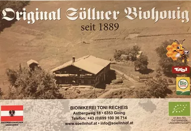 A nostalgic image of a organic honey provider from Söllen, Tyrol, since 1889. In the foreground, a traditional building can be seen, surrounded by lush natural landscape.