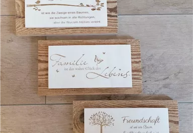 Three decorative wooden signs with sayings about family and friendship. The texts emphasize the importance of relationships and roots in life.