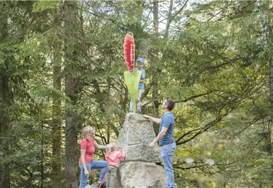 Eine Familie klettert an einem großen Stein im Wald. Ein Kind steht oben auf dem Stein und hält ein buntes Schild.