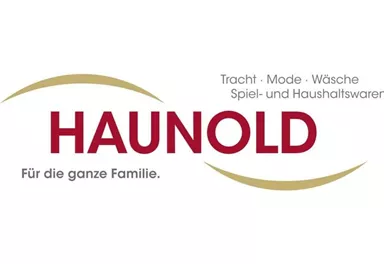 Das Bild zeigt das Logo von Haunold, einem Geschäft für Trachten, Mode, Wäsche, Spiel- und Haushaltswaren. Es richtet sich an die ganze Familie.