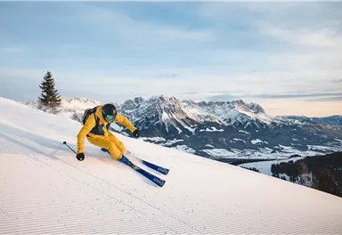 A skier in yellow clothing is skiing on a snowy slope. In the background, impressive mountains and a clear sky can be seen.