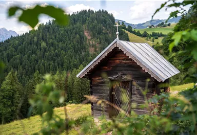 A small wooden cap with a metal roof stands in a green landscape. In the background, gentle hills and forests are visible.