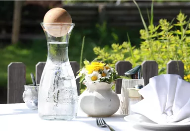 A beautiful outdoor table with a carafe of water and a blooming vase. Green plants are visible in the background.