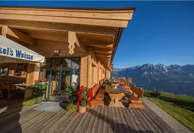 A wooden building with outdoor seating and a beautiful view of the mountains. In the foreground, there are flowers and green plants.