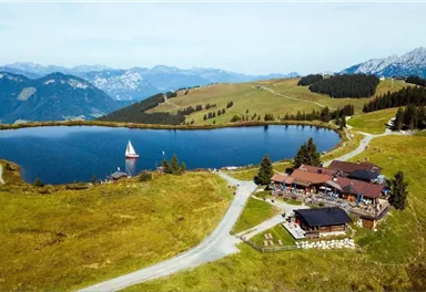 A picturesque landscape with a clear lake and a cozy mountain house. In the background, green meadows stretch out and the mountains of the Alps rise.