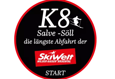 A sign that indicates the start of the K8 run in Salve-Söll. It is the longest run in the SkiWelt Wilder Kaiser Brixental.