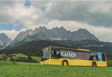 A yellow painted bus is standing on a green meadow, surrounded by impressive mountains. The sky is partly cloudy, creating a picturesque landscape.