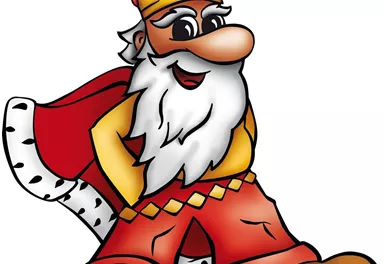 A funny cartoon king with a white beard and a crown. He wears a red robe and is sitting relaxed.
