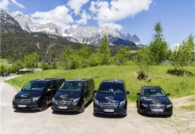 Four black vehicles on a meadow with a magnificent mountain panorama in the background. The sky is blue with some clouds.
