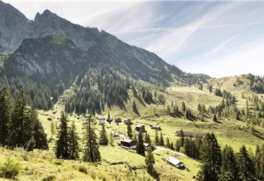 Eine malerische Berglandschaft mit grünen Wiesen und dichten Wäldern. Im Vordergrund sind kleine Hütten zu sehen, umgeben von majestätischen Bergen.