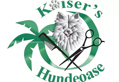 A logo with the name "Kaiser’s Hundeoase". It features a dog, a palm tree, and grooming tools like scissors and a comb.