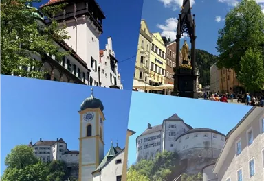 Eine Montage von vier Bildern, die historische Gebäude und Sehenswürdigkeiten einer Stadt zeigen. Zu sehen sind Türme, Straßen und grüne Bäume im Hintergrund.