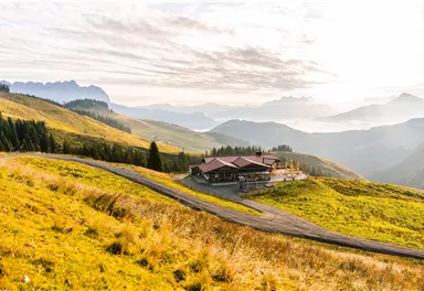 A picturesque landscape with gentle hills and mountains in the background. In the foreground, there is a rustic building, surrounded by a golden meadow.