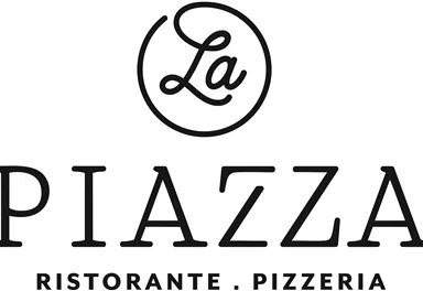 Ein Logo von "La Piazza" mit dem Zusatz "Ristorante . Pizzeria". Es ist schlicht und elegant gestaltet.