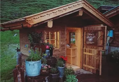 A cozy wooden house in the midst of a green landscape. Flowers and plants adorn the entrance area.