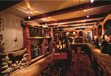A cozy wine cellar with shelves full of wine bottles. The walls are made of stone and brick, and warm lighting creates an inviting atmosphere.