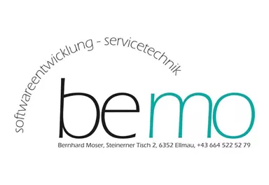 Ein Logo mit dem Schriftzug "bemo" und dem Slogan "Softwareentwicklung - Servicetechnik". Es enthält Kontaktinformationen für Bernhard Moser in Ellmau.
