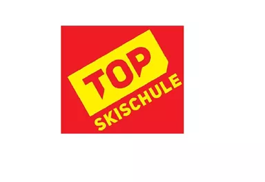 Ein leuchtend rotes Logo mit der Aufschrift „TOP SKISCHULE“ in gelber Schrift. Es deutet auf eine hochwertige Skischule hin.