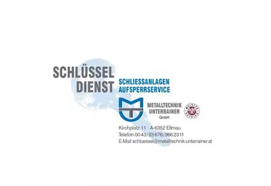 Ein Logo für einen Schlüsseldienst mit Kontaktdaten. Der Dienst bietet Schließanlagen und Aufsperrservices an.