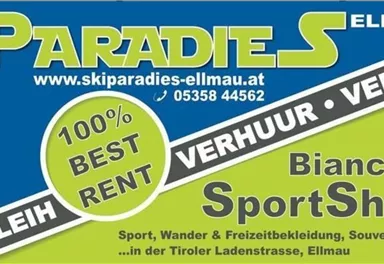 Ein Werbeschild für einen Skiverleih und Sportshop in Ellmau. Es bietet Skiausrüstung, Wanderausrüstung und Souvenirs an.