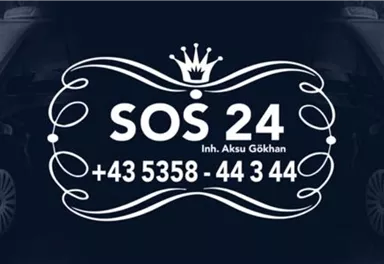 Ein dunkelblaues Banner mit einem stilisierten Logo. Es zeigt die Kontaktnummer und den Namen „SOS 24“.