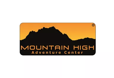 A logo of the "Mountain High Adventure Centers" with a mountain silhouette in black and an orange background. It conveys adventure and nature experiences.