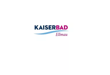 The image shows the logo of the KaiserBad in Ellmau. It combines the lettering "KAISERBAD" in blue and pink with a stylized wave.