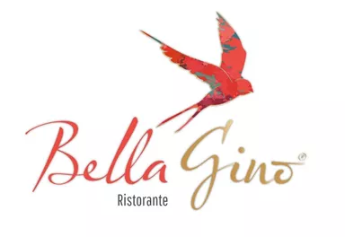 Ein stilvolles Logo für das Restaurant "Bella Gino". Es zeigt einen roten Vogel und den Schriftzug in eleganter Schrift.