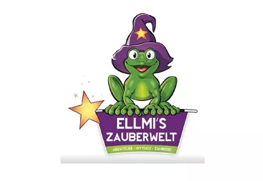 A green frog with a magic hat sits on a magic wand. The logo belongs to "Ellmi's Magic World" and conveys a magical experience.