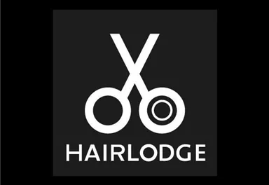 A simple logo with scissors and the inscription "HAIRLODGE". The design is modern and clear on a black background.