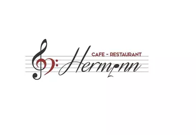 Ein Logo für ein Café-Restaurant mit dem Namen "Hermann". Es zeigt eine musikalische Note und Notenlinien.