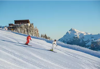 Two skiers are skiing down a slope, surrounded by snow-covered trees. In the background, majestic mountains and a building can be seen.