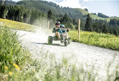 Ein Erwachsener und ein Kind fahren auf einem Kettcar auf einem staubigen Weg. Im Hintergrund sind grüne Wiesen und hügelige Landschaften zu sehen.