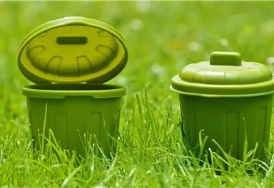 Zwei grüne Mülltonnen stehen auf grünem Gras. Eine der Tonnen ist offen und zeigt ihren Inhalt.