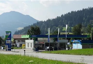 Eine OMV-Tankstelle umgeben von Bergen und Bäumen. Der Himmel ist klar und die Landschaft ist grün.