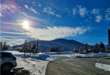 Eine verschneite Landschaft mit einem klaren blauen Himmel und strahlender Sonne. Im Hintergrund sind bewaldete Berge zu sehen.