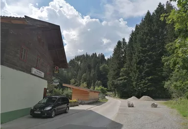 A winding road leads through a picturesque landscape with dense, green forests. On the left side stands a rustic wooden house.