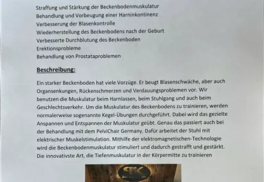 An informative poster about the PelviChair that describes the benefits and applications for strengthening the pelvic floor. The lower part shows an image of the device in a cozy room.