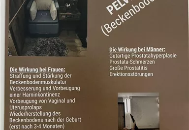 A modern, stylish room with a comfortable armchair and supportive information on pelvic floor health. The image conveys a calm atmosphere for therapeutic applications.