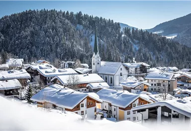 Eine verschneite Berglandschaft mit einem malerischen Dorf. Im Hintergrund ragen die Bäume und Berge in einem klaren blauen Himmel hervor.