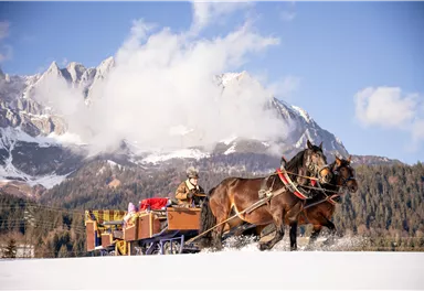 Eine Pferdeschlittenfahrt in einer schneebedeckten Landschaft. Im Hintergrund sind majestätische Berge und ein blauer Himmel zu sehen.