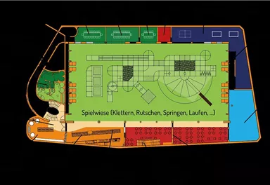 A playground layout with different areas for climbing, sliding, jumping, and running. The graphic representation shows seating and green spaces.