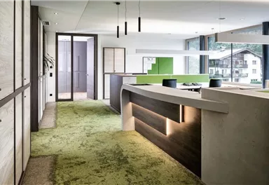 Ein modernes Büro mit einem eleganten Empfangsbereich und großen Fenstern. Der Boden ist mit grünem Teppich bedeckt, und die Wände sind in neutralen Tönen gehalten.