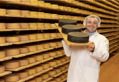 Ein Käsehersteller steht in einer Käserei und hält drei runde Käselaibe auf einem Brett. Im Hintergrund sind viele Käselaibe in Regalen zu sehen.
