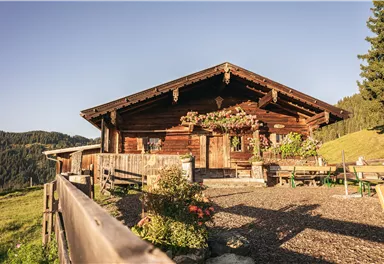 A rustic wooden cabin surrounded by green meadows and mountains. The sky is clear and the landscape appears peaceful.