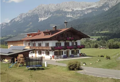 A traditional alpine house with blooming balcony plants. In the background, majestic mountains and a green meadow stretch out.