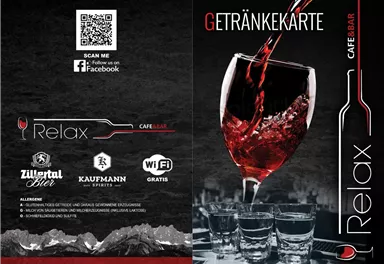 Ein stilvolles Getränkemenü mit dem Titel "Getränkekarte" für das Café Relax. Auf dem Cover ist ein Glas mit rotem Getränk und ein Weinglas zu sehen.