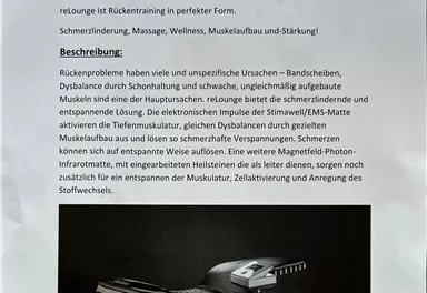 Information about reLounge, a back training in perfect form. The image shows a device for pain reduction and muscle strengthening.