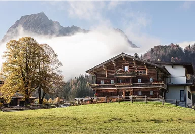 A traditional chalet in the mountains with a clear sky and gentle mist. Surrounded by lush greenery and trees.